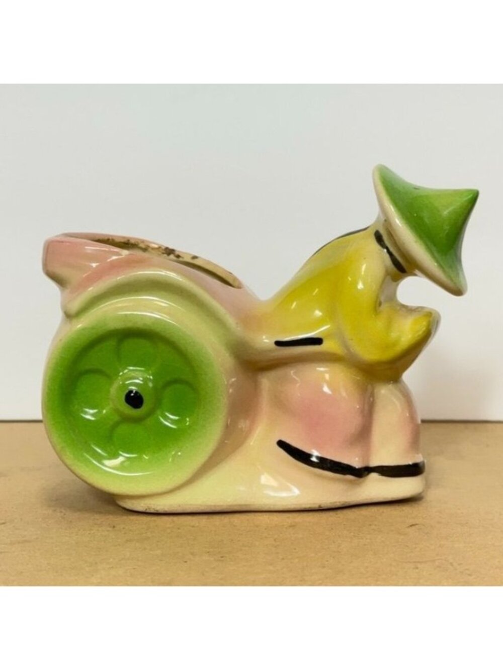 Vintage Ceramic Man Pulling Rickshaw Cart Planter Green Pink Yellow 1950s USA
